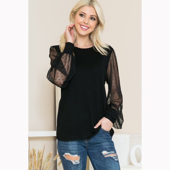 NEW Mesh Polka Dot Long Sleeve Top, Puff Sleeves, Stretch Fabric Knit Blouse - Picture 5 of 5